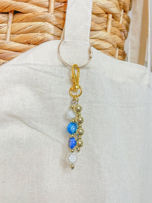 Blue & White Millefiori  Gold Beaded Bag Charm