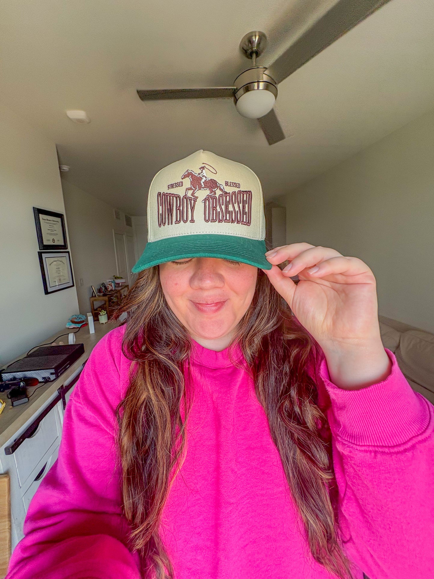 green stressed blessed cowboy obsessed hat