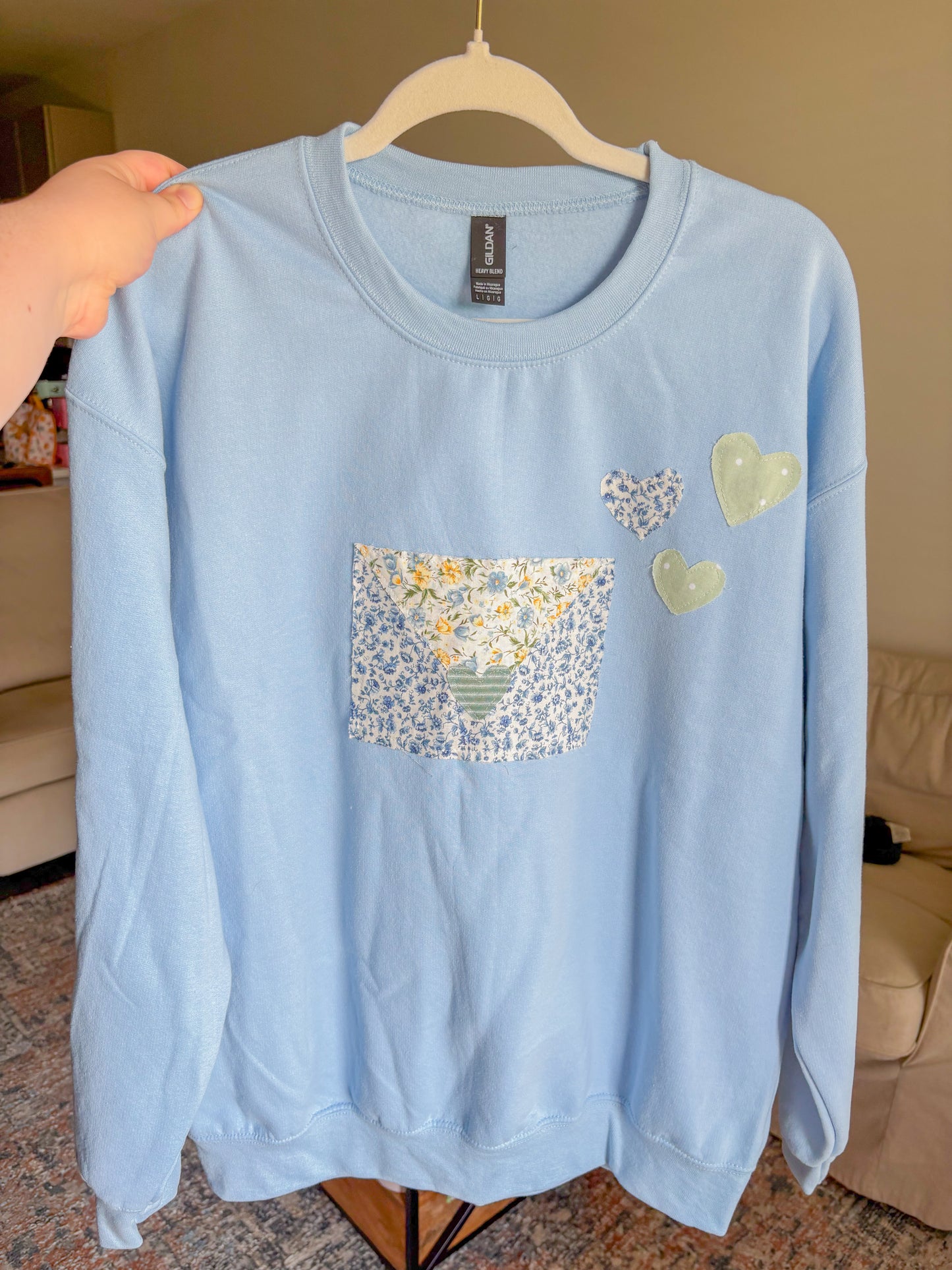 baby blue love letter patchwork crew