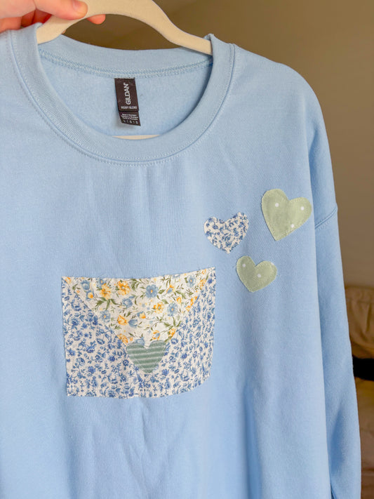 baby blue love letter patchwork crew