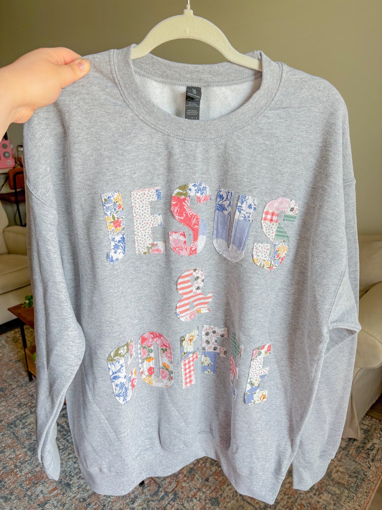 Jesus and Coffee multicolored patchwork crew