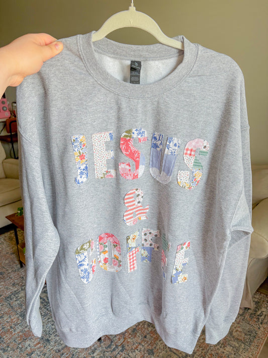 Jesus and Coffee multicolored patchwork crew
