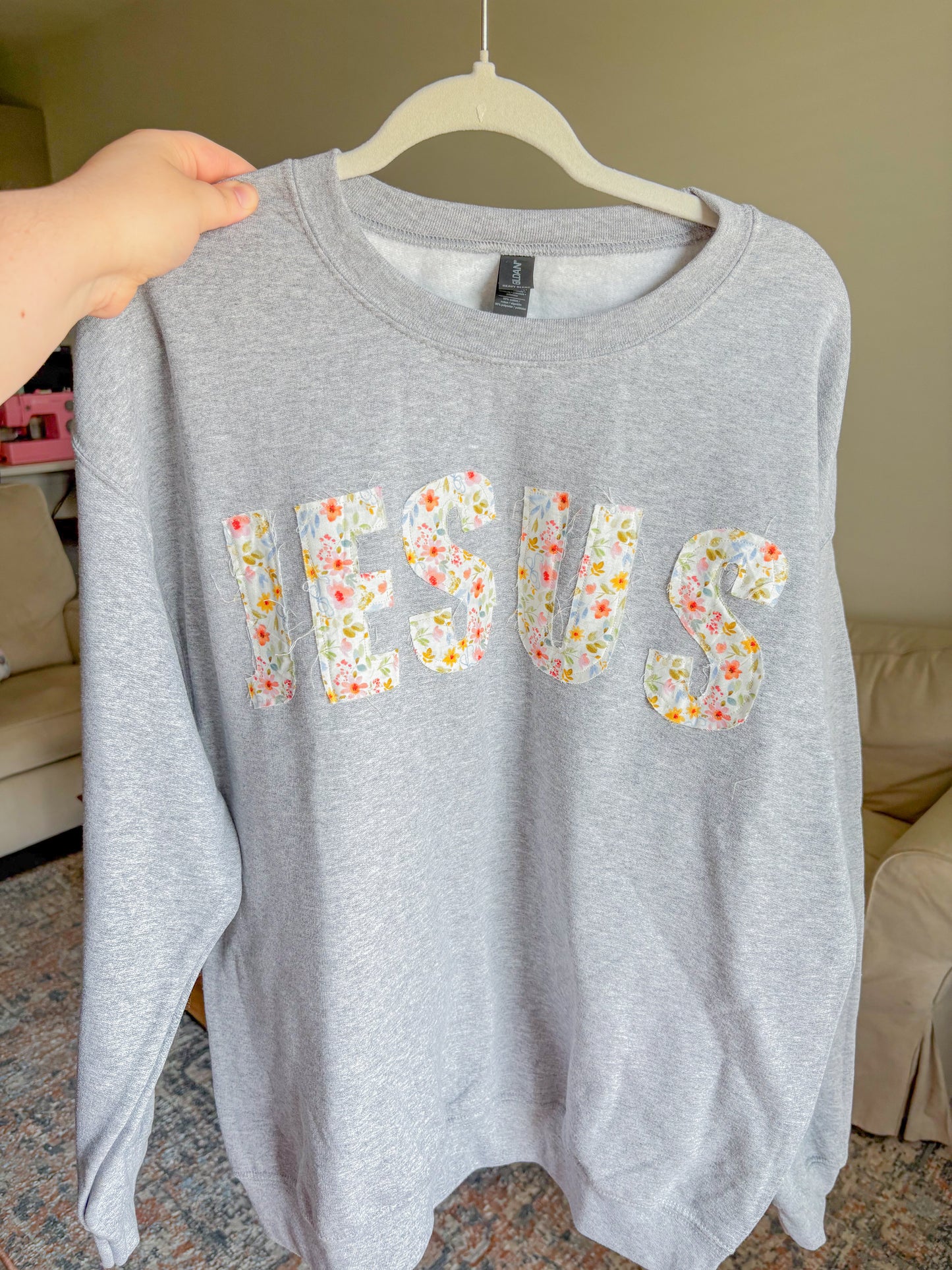 grey pink floral patchwork "Jesus" crew