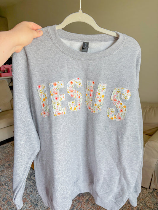 grey pink floral patchwork "Jesus" crew