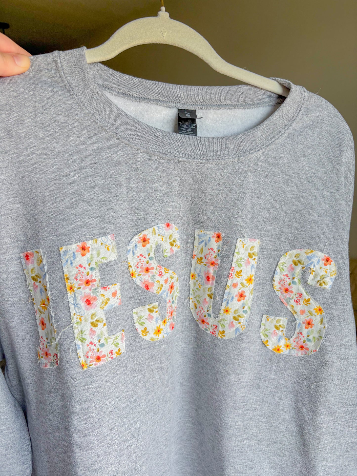 grey pink floral patchwork "Jesus" crew