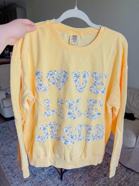 butter yellow "love like Jesus" patchwork crew