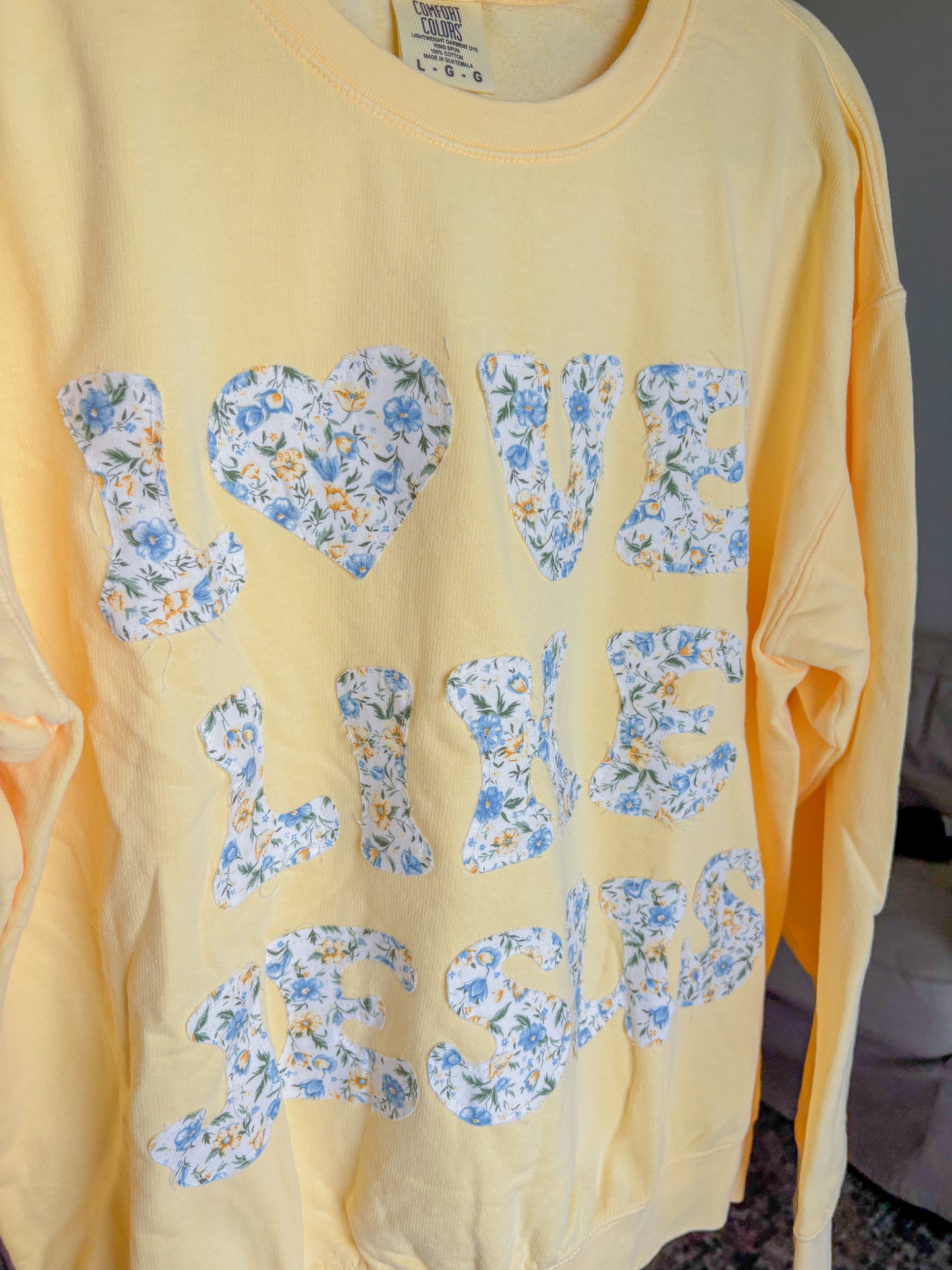 butter yellow "love like Jesus" patchwork crew