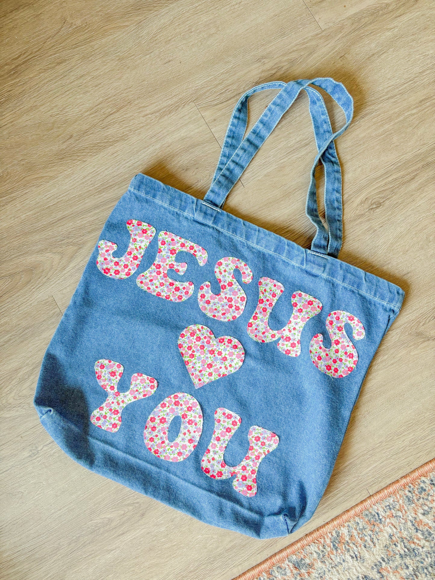JLY hand sewn denim tote bag