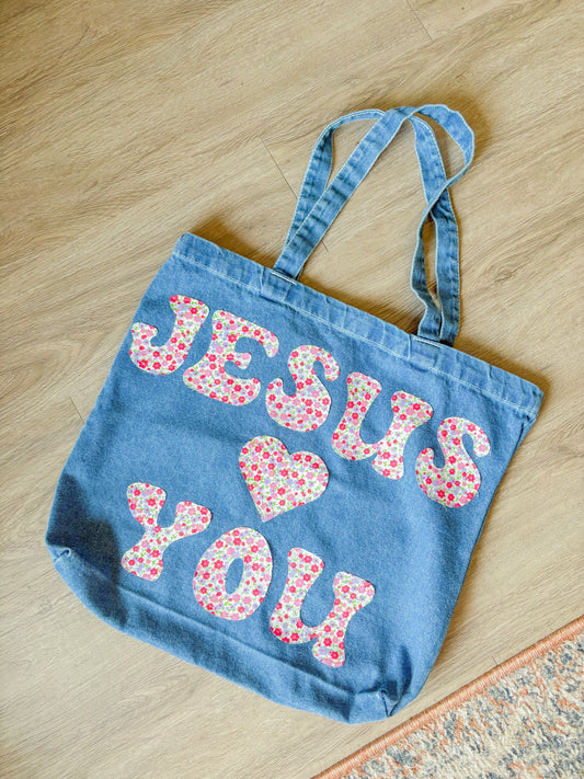 JLY hand sewn denim tote bag