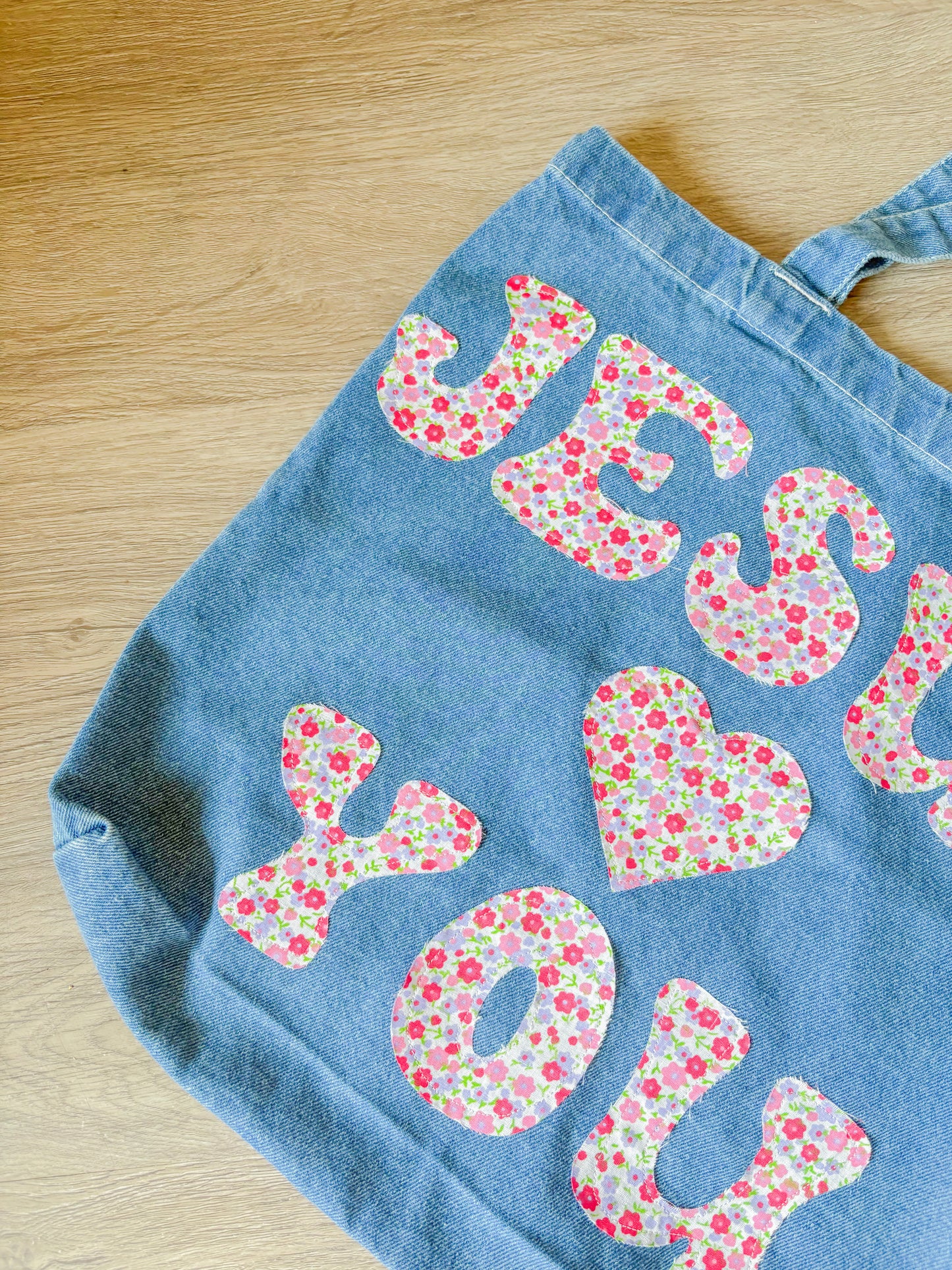 JLY hand sewn denim tote bag