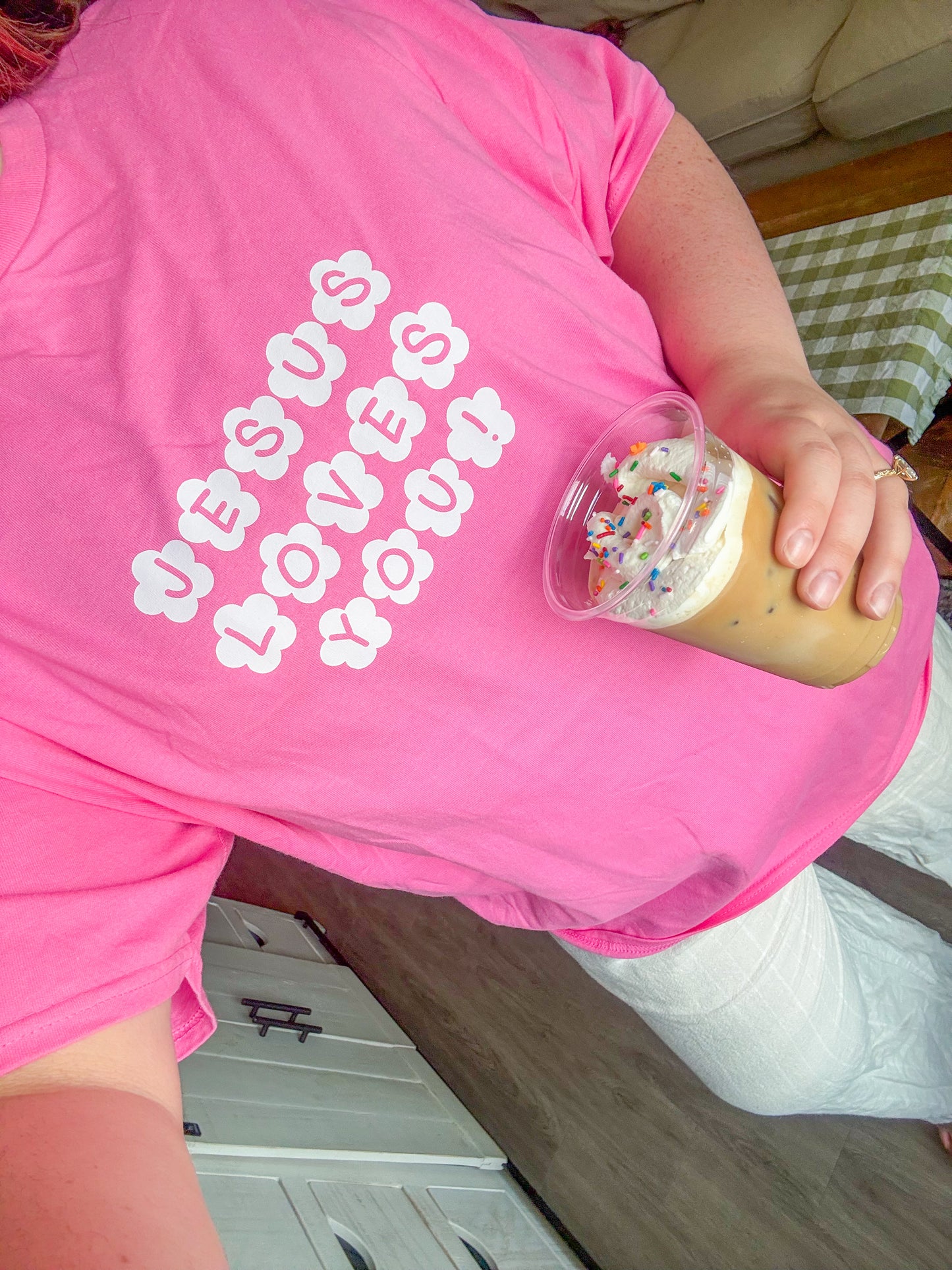 pink Jesus loves you tee