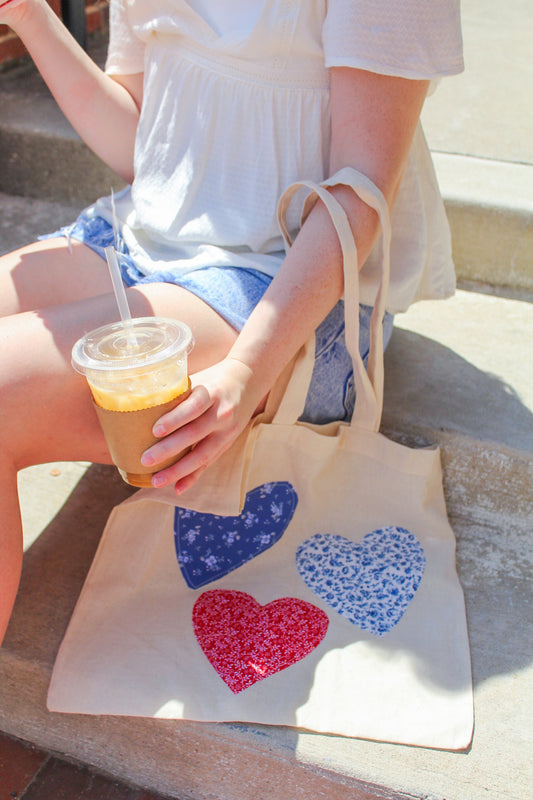 americana heart patchwork tote bag