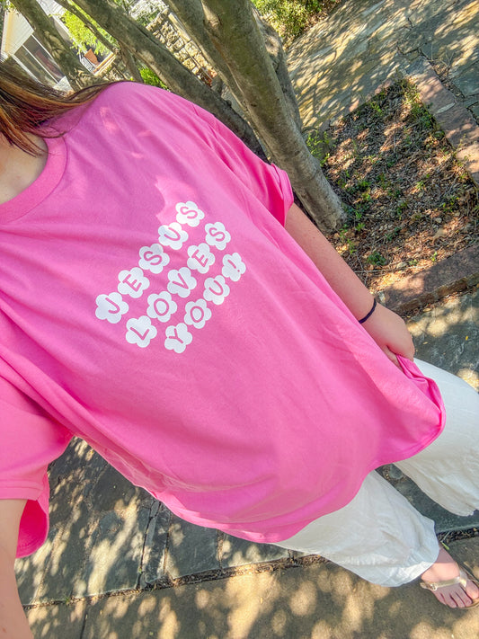 pink Jesus loves you tee
