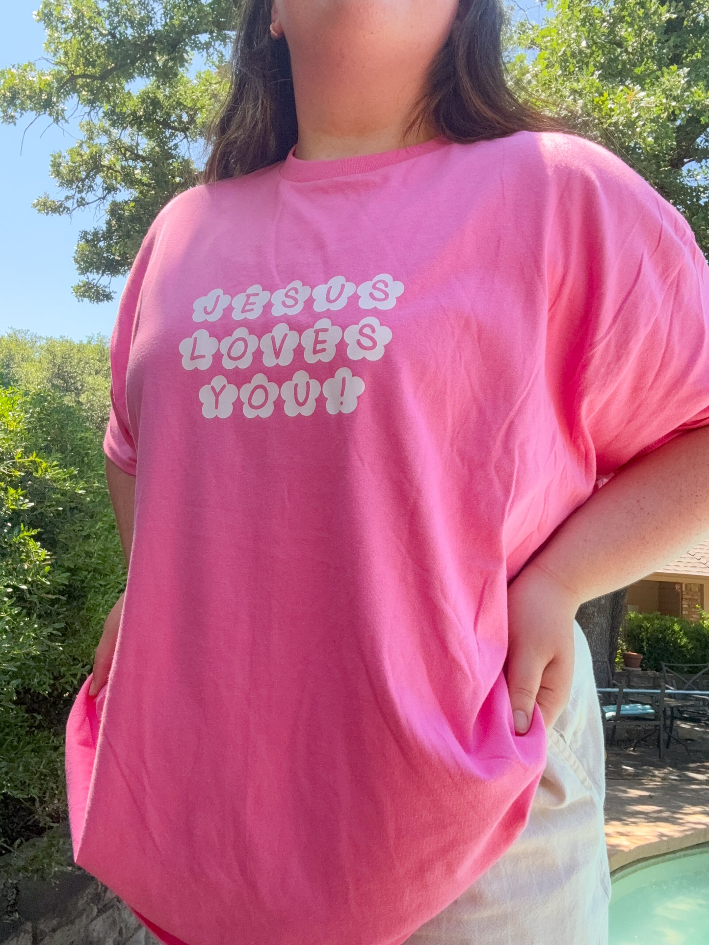 pink Jesus loves you tee