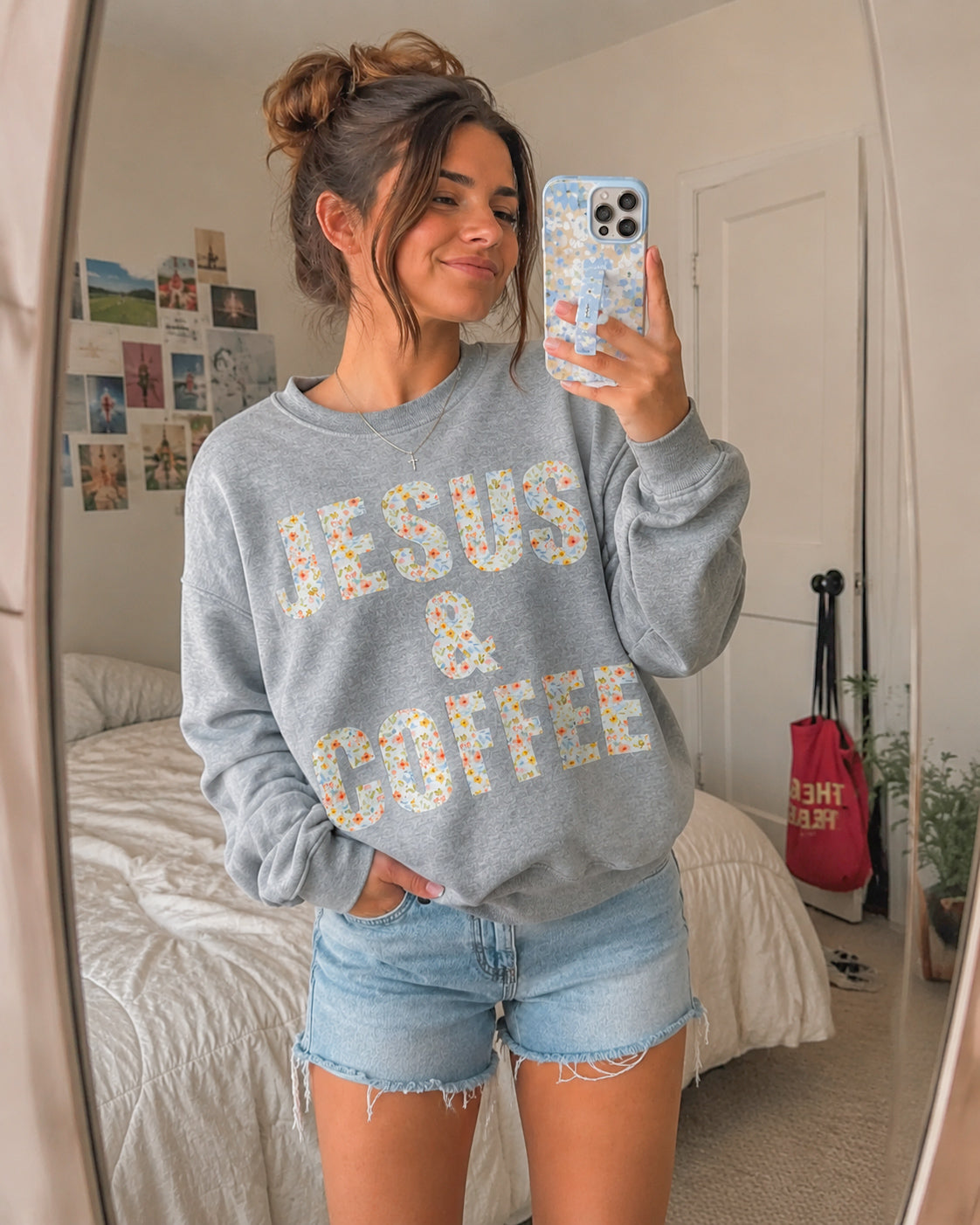 Jesus & Coffee Floral Patchwork Crewneck – Grey