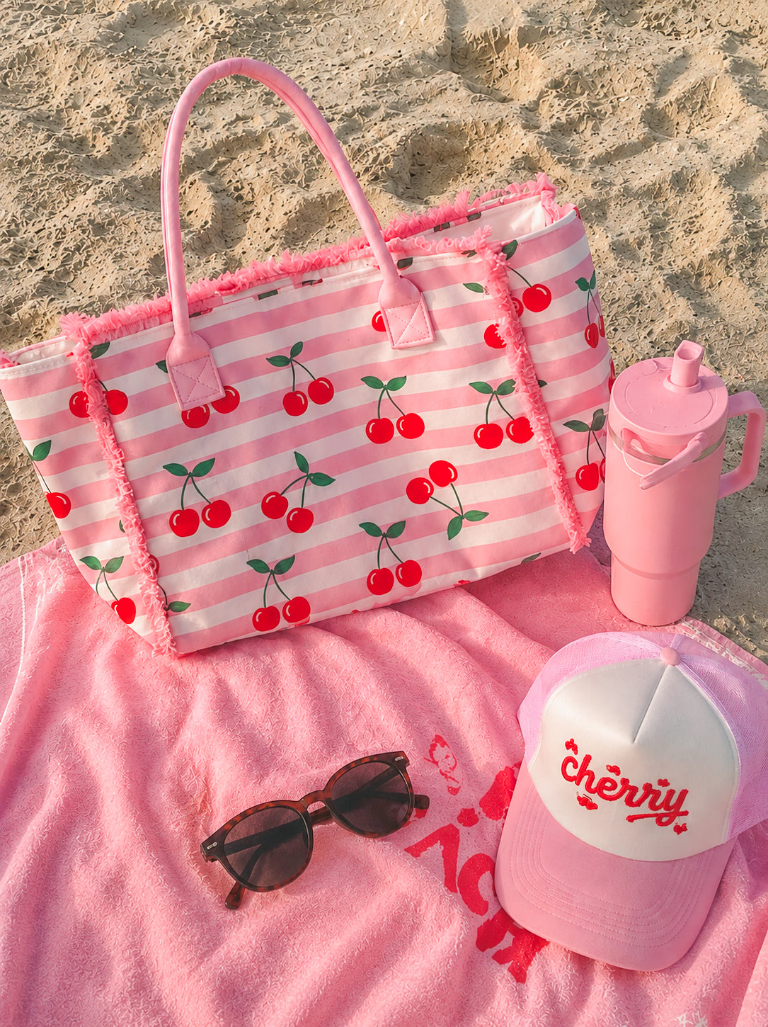 cherry pink beach tote bag