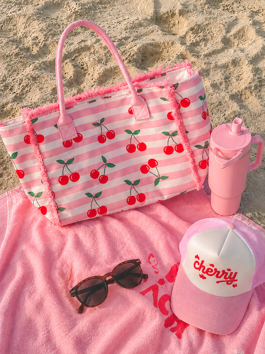cherry pink beach tote bag